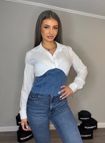 BLUZE & TOPURI - Camasa Alba de Dama din Denim Corset White Elastica Casual Eleganta Confortabila Moderna | BOMBFIT