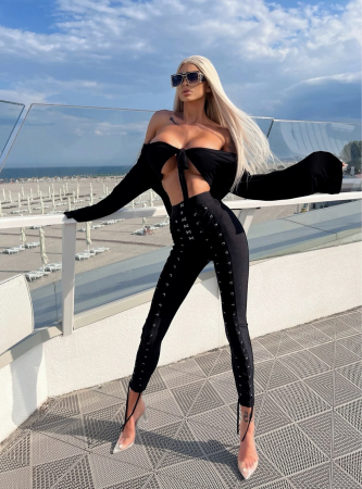 COLANTI & PANTALONI - Colanti Luciosi Negri Dama cu Talie Inalta Bandage Black din Lycra cu Siret Anticelulitici Elastici Compresivi Modelatori Efect Push Up | BOMBFIT