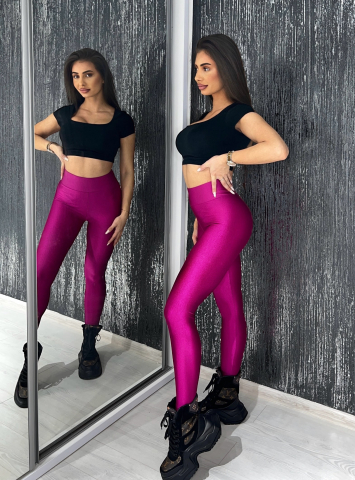 Colanti Luciosi Roz Dama cu Talie Inalta din Lycra Intense Pink Premium Modelatori Anticelulitici Elastici Compresivi Efect Push Up | BOMBFIT [1]