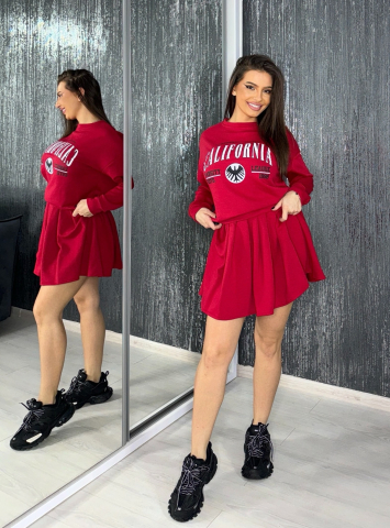 Compleu California Vibe Red Rosu de Dama cu Fusta si Top Elegant Office Casual Confortabil Elastic din Bumbac | BOMBFIT [2]