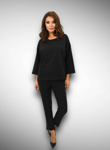 COMPLEURI - Compleu Negru de Dama Lung din Bumbac Diamond Glam cu Bluza din 2 Piese Sport cu Cristale | BOMBFIT