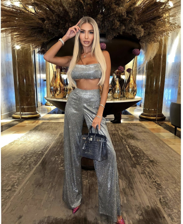 Compleu Argintiu cu Sclipici Silver de Dama Evazat Glitter Elegant Office Casual Confortabil Elastic | BOMBFIT [1]