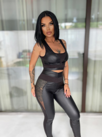Compleu Negru de Dama Shiny Black Mesh Scurt din 2 Piese Textura Mata Modelator Compresiv Anticelulitic Efect Push Up Sport Fitness Sala | BOMBFIT [2]