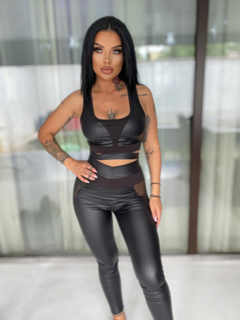 Compleu Negru de Dama Shiny Black Mesh Scurt din 2 Piese Textura Mata Modelator Compresiv Anticelulitic Efect Push Up Sport Fitness Sala | BOMBFIT [4]