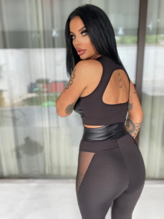 Compleu Negru de Dama Shiny Black Mesh Scurt din 2 Piese Textura Mata Modelator Compresiv Anticelulitic Efect Push Up Sport Fitness Sala | BOMBFIT [5]