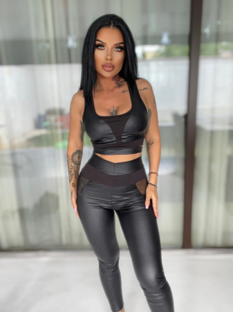 Compleu Negru de Dama Shiny Black Mesh Scurt din 2 Piese Textura Mata Modelator Compresiv Anticelulitic Efect Push Up Sport Fitness Sala | BOMBFIT [1]