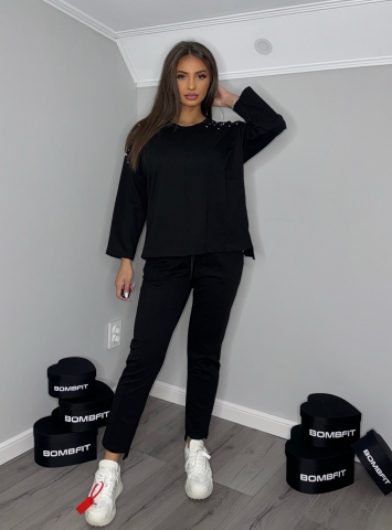 COMPLEURI - Compleu Negru de Dama Lung din Bumbac Shiny Diamond cu Bluza Lunga din 2 Piese Sport cu Cristale | BOMBFIT