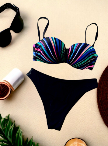 Costum de Baie Negru Multicolor Pentru Femei din 2 Piese Colorful Modelator Efect Push Up | BOMBFIT [3]