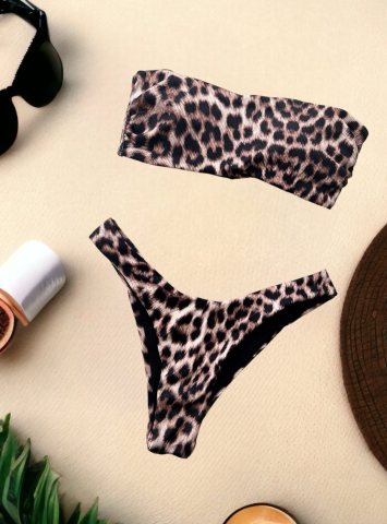 Costum de Baie Raven Leopard cu Imprimeu Bej Crem Pentru Femei din 2 Piese Modelator Efect Push Up | BOMBFIT [3]
