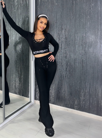 Pantaloni Evazati Dama cu Talie Inalta Negri String Black Premium cu Textura Mata cu Corset Integrat Casual Elastici Captusiti Vatuiti Grosi | BOMBFIT [4]