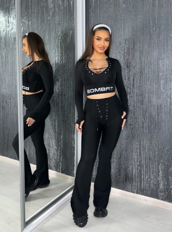 COLANTI & PANTALONI - Pantaloni Evazati Dama cu Talie Inalta Negri String Black Premium cu Textura Mata cu Corset Integrat Casual Elastici Captusiti Vatuiti Grosi | BOMBFIT