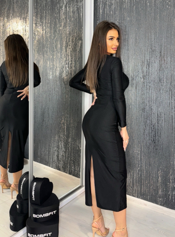 Rochie Black Obsession Long Dama Eleganta Neagra de Seara Cu Decupaje si Crapatura la Spate | BOMBFIT [6]