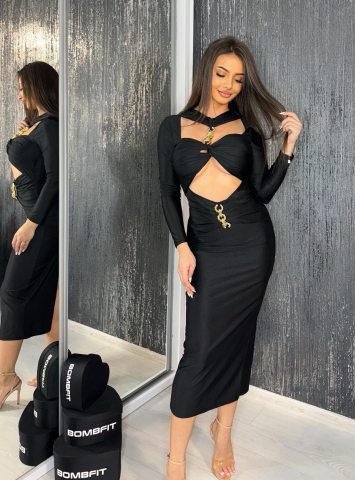 ROCHII & FUSTE - Rochie Black Obsession Long Dama Eleganta Neagra de Seara Cu Decupaje si Crapatura la Spate | BOMBFIT