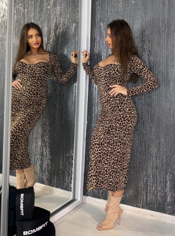 Rochie Leopard Glow Dama Eleganta cu Imprimeu Animal Print Office Casual Cu Diamante Cristale Maneci Lungi si Decolteu | BOMBFIT [5]