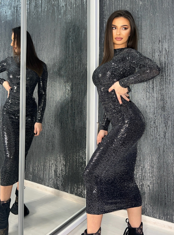 Rochie Midi Glitter Modelatoare Eleganta Neagra cu Sclipici | BOMBFIT [5]