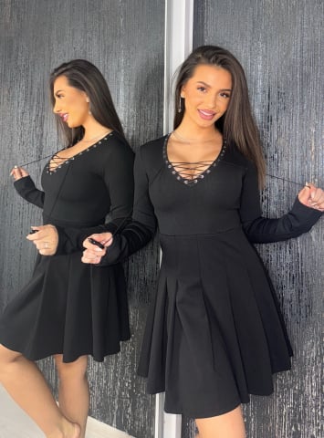 ROCHII & FUSTE - Rochie String Black Dama Eleganta Neagra cu Snur Reglabil si Decolteu in V | BOMBFIT