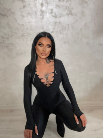 Salopeta Lucioasa Neagra Dama Lunga Decoltata Modelatoare si Compresiva Baddie Diamond din Lycra | BOMBFIT [1]