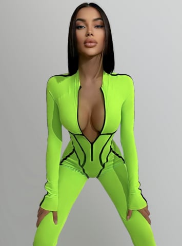 SALOPETE - Salopeta Verde Neon de Dama Lunga Contrast Lime cu Textura Mata Modelatoare si Anticelulitica | BOMBFIT