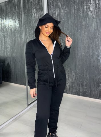SALOPETE - Salopeta Neagra de Dama Lunga Kitty Black cu Gluga si Fermoar Groasa de Iarna din Bumbac | BOMBFIT