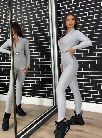 SALOPETE - Salopeta Gri Dama Lunga Luxe Silver Anticelulitica Modelatoare Compresiva Efect Push Up Eleganta Sport Elastica cu Textura Mata | BOMBFIT