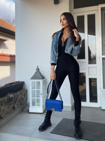 Salopeta Neagra Lucioasa Dama Lunga Zip Up Black Lycra Modelatoare Compresiva Anticelulitica Efect Push Up Eleganta Sport Elastica | BOMBFIT [13]