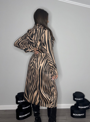 Trenci Luxe Tiger Lung cu Imprimeu Tigru Animal Print Crem Bej Nude Dama din Piele Intoarsa Palton Pardesiu cu Cordon Reglabil Calduros Pentru Primavara Toamna Iarna | BOMBFIT [2]