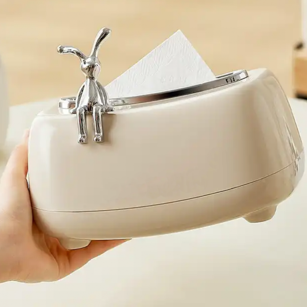 Cutie depozitare șervețele cosmetice, cu accesoriu detașabil iepuraș, Bej [4]