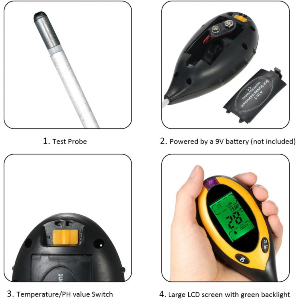 Aparat 4 în 1 pentru măsurarea nivelului pH, umidității, temperaturii și intensității solare, portabil, cu display LCD [6]