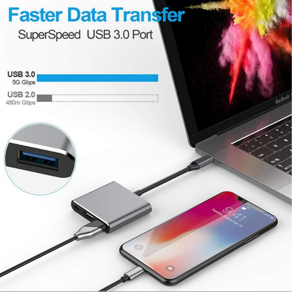 Hub USB-C 3 în 1 (USB 3.0, USB-C, HDMI), gri [4]