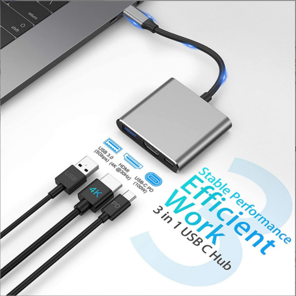 Hub USB-C 3 în 1 (USB 3.0, USB-C, HDMI), gri [3]