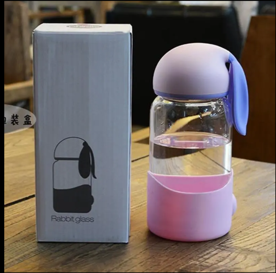 Cana/Sticla de apa cu capac tip ureche si baza din silicon, design pastel, mov-lila [4]