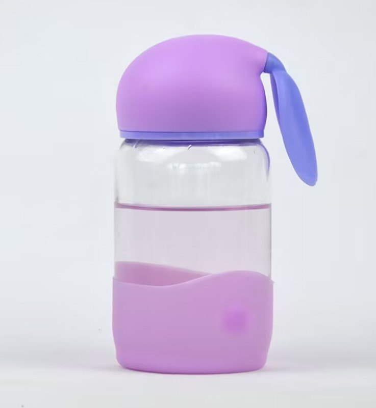 Cana/Sticla de apa cu capac tip ureche si baza din silicon, design pastel, mov-lila [1]