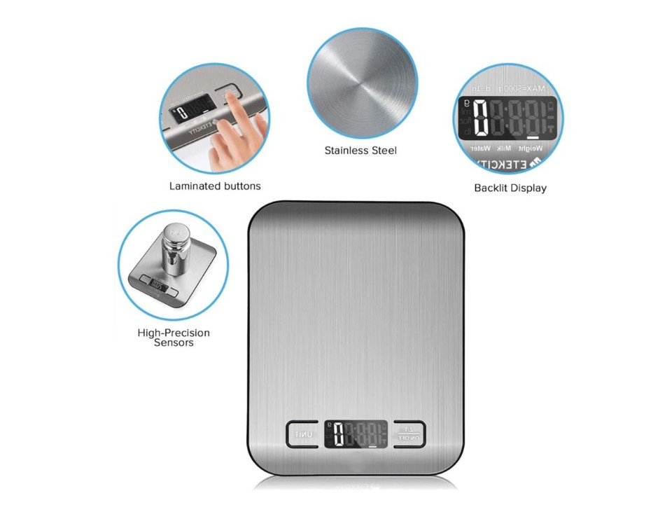 Cantar electronic de bucatarie, inox, capacitate 5kg, iluminare fundal, baterii, argintiu [2]