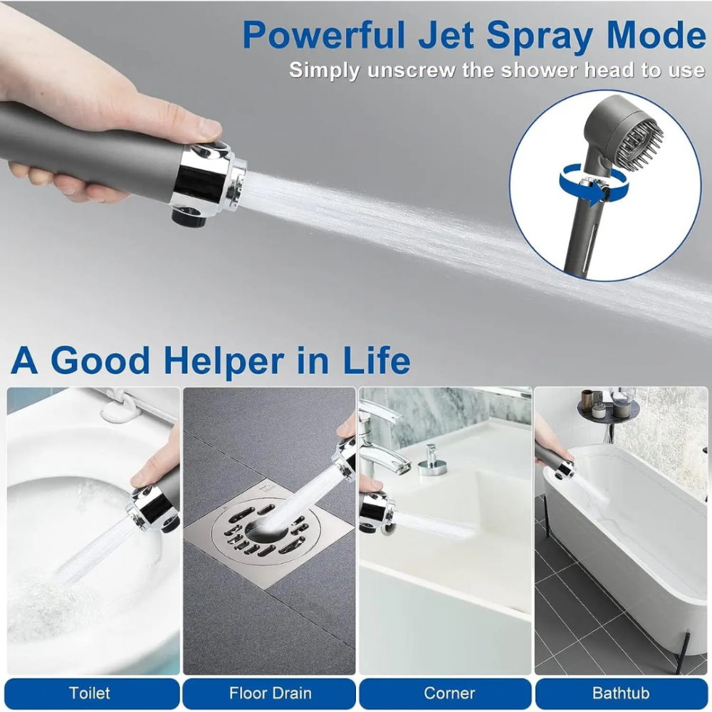 Cap de duș cu perie de masaj și 3 moduri de presiune, gri metalic [4]