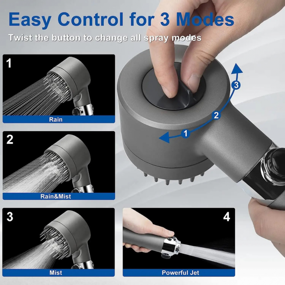 Cap de duș cu perie de masaj și 3 moduri de presiune, gri metalic [3]