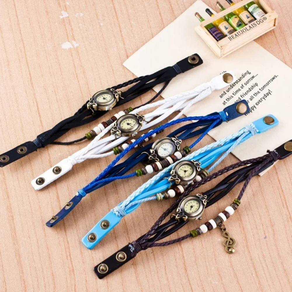 Ceas damă vintage cu brățară din piele ecologică, Bleu [4]