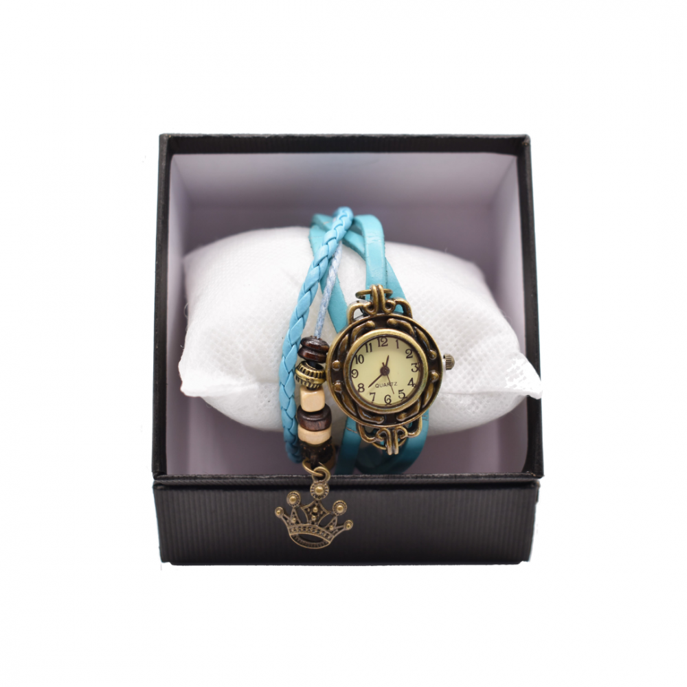 Ceas damă vintage cu brățară din piele ecologică, Bleu [1]
