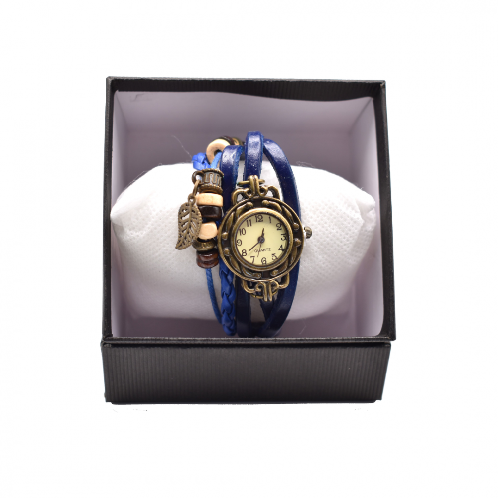 Ceas damă vintage cu brățară din piele ecologică, Albastru [1]