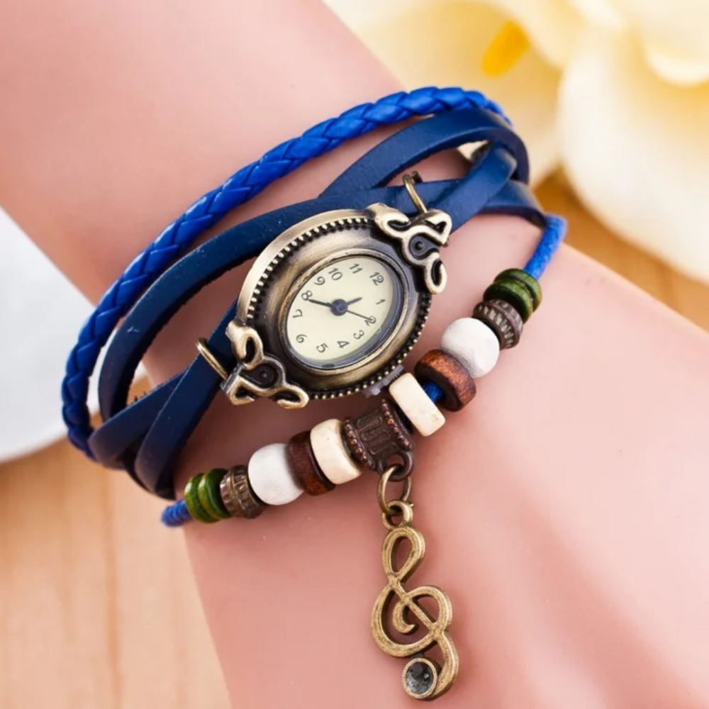 Ceas damă vintage cu brățară din piele ecologică, Albastru [2]