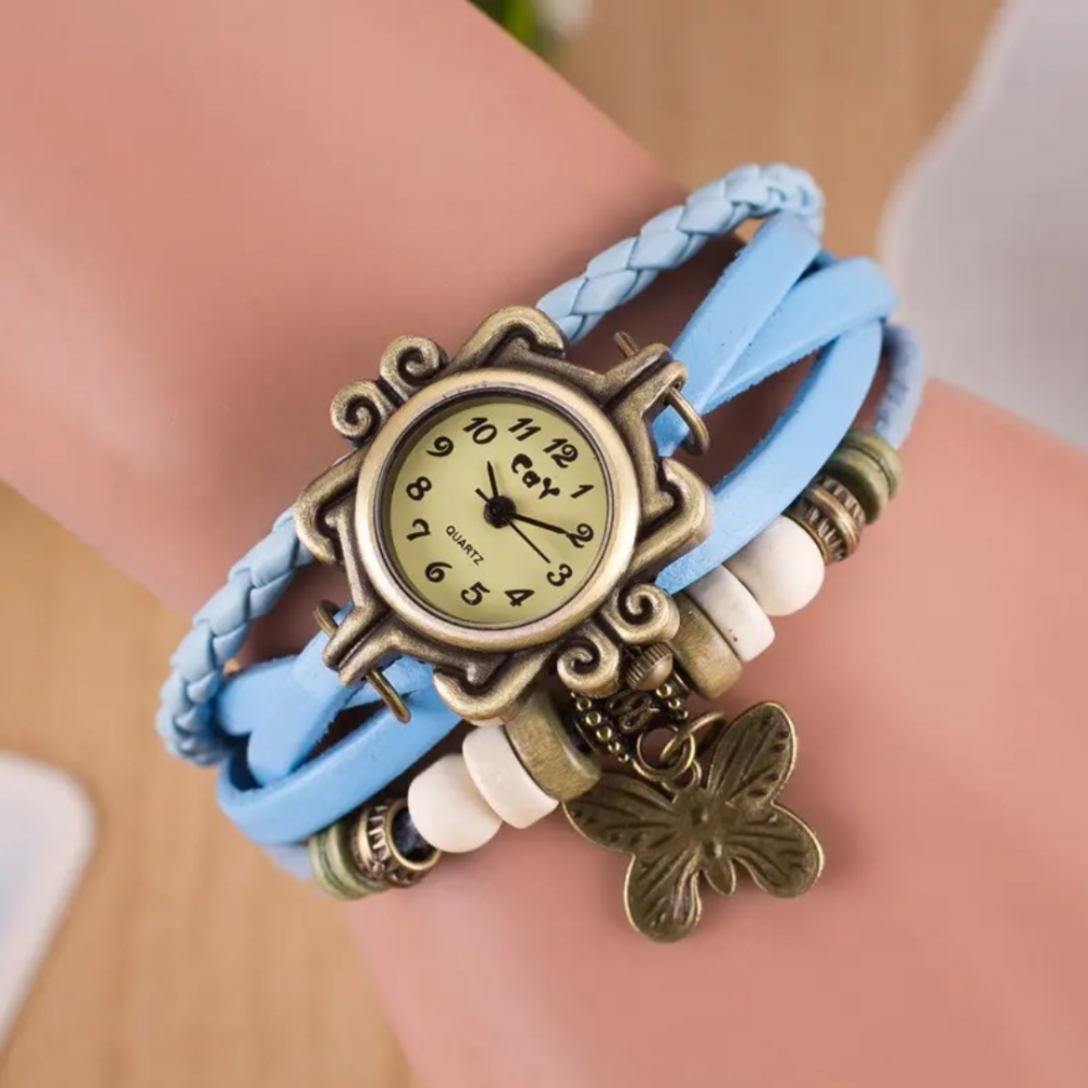 Ceas damă vintage cu brățară din piele ecologică, Bleu [3]