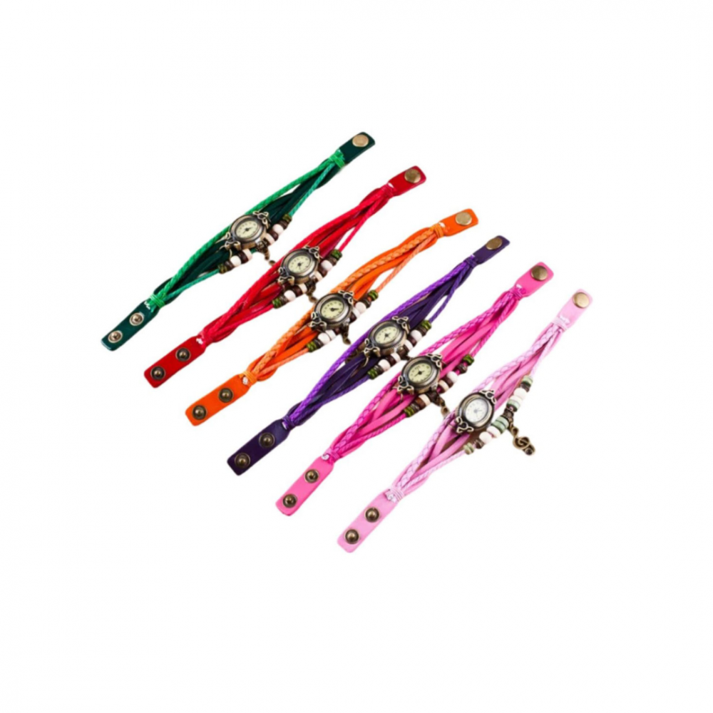 Ceas damă vintage cu brățară din piele ecologică, Fucsia [4]