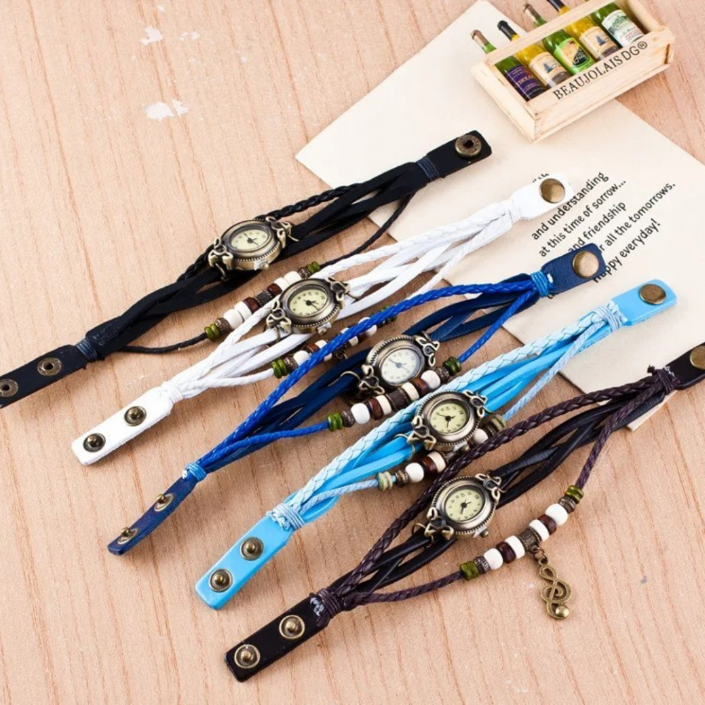 Ceas damă vintage cu brățară din piele ecologică, Negru [2]