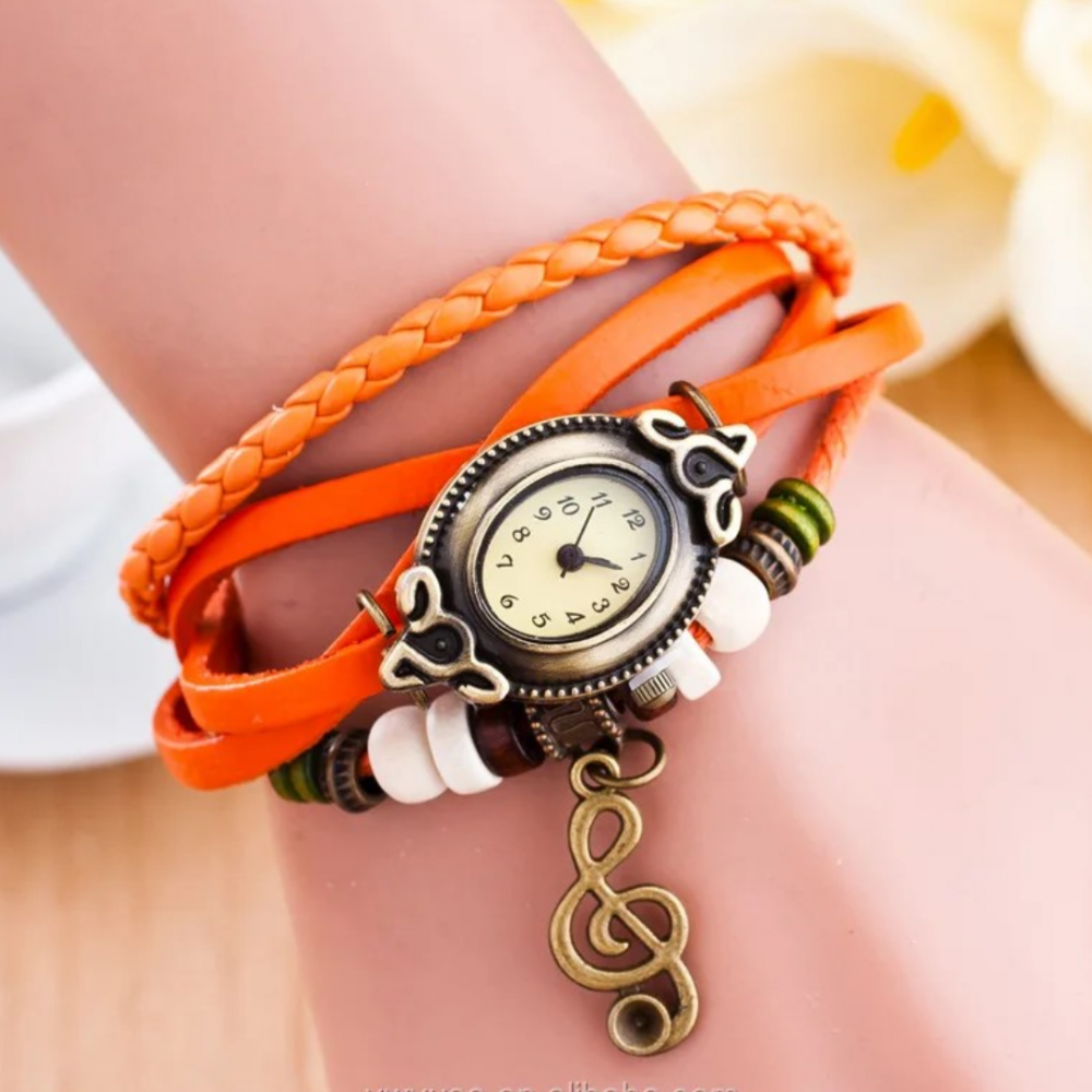Ceas damă vintage cu brățară din piele ecologică, Portocaliu [3]