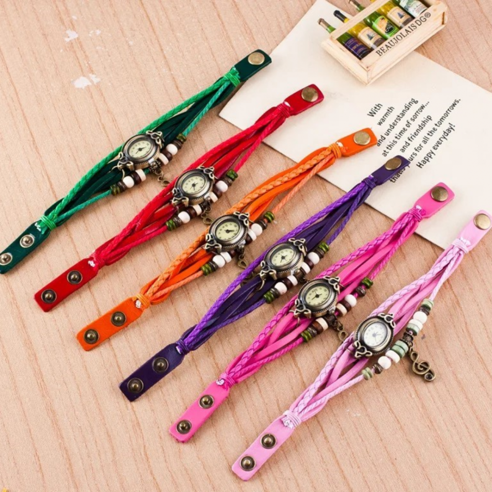 Ceas damă vintage cu brățară din piele ecologică, Portocaliu [4]