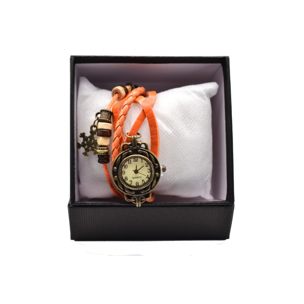 Ceas damă vintage cu brățară din piele ecologică, Portocaliu [1]