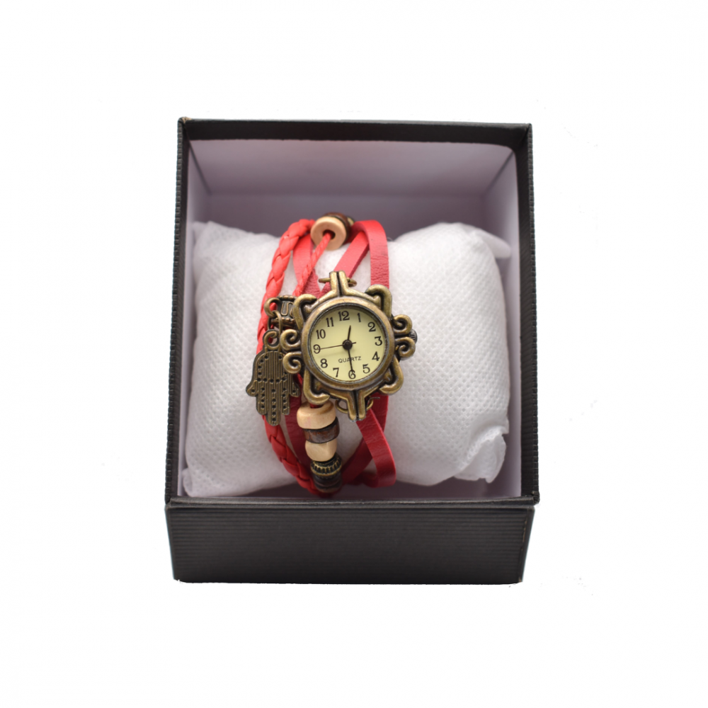 Ceas damă vintage cu brățară din piele ecologică, Roșu [1]