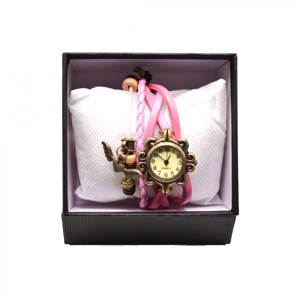 Ceas damă vintage cu brățară din piele ecologică, Roz [1]