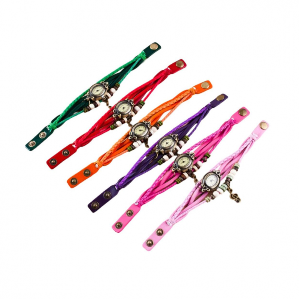 Ceas damă vintage cu brățară din piele ecologică, Roz [4]