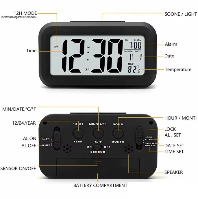 Ceas digital cu afisaj LED, Ceas desteptator cu afisaj mare, lumina de noapte, temperatura interioara, Negru [2]