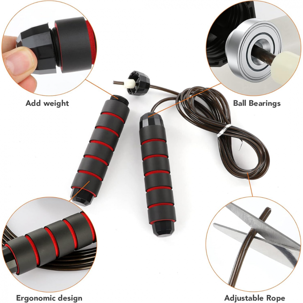 Coarda de sarit, jump rope, manere cu spuma de memorie, lungime ajustabila, Negru/Rosu [6]